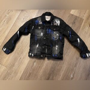 Black Denim Jacket with Blue and White Accents